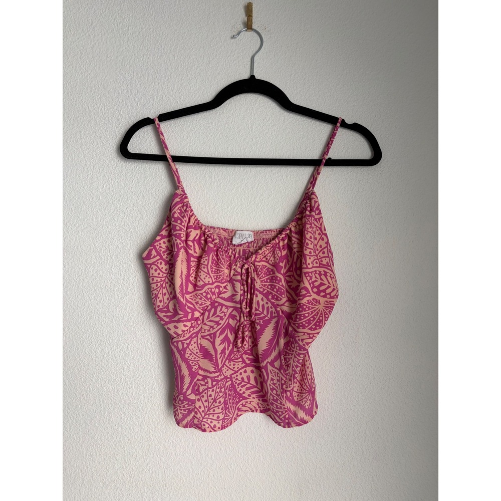 Sienna Skyโ Pink Peach Tropical Leaf Print Smocked Back Camisole Cami Top Medium